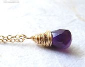 Violet Purple Amethyst Gemstone Tiny Drop Necklace, Wire Wrapped February Birthstone Charm Pendant (gold or silver)