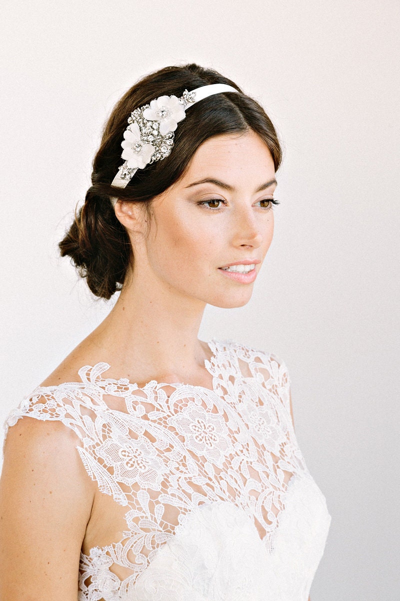 CLEMENTINE Headband-  floral, bridal, rhinestone, crystal, veil, wedding, tiara, headpiece