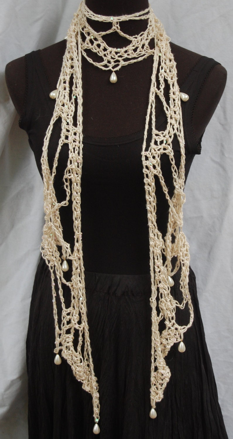 White Sequined Silk Handmade Lacy Crochet Scarf with Pearl Drops