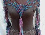 Black, Turquoise & Plum Purple Cotton Handmade Lacy Crochet Scarf