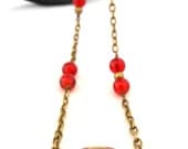Gold Vintage Watch Case Titus Ruby Jeweled  Inside Out Movement Steampunk Ruby Red Crackle Glass Bead Brass Necklace