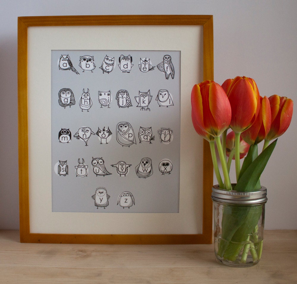 Gray Owlphabet, Alphabet Print, Nursery Art, Kids Room - Free US Shipping