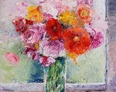 Print of Original Oil Painting Palette KNIFE Fine Art Floral Peonies Still life  POPPIES red pink orange Shabby Chic wall ART