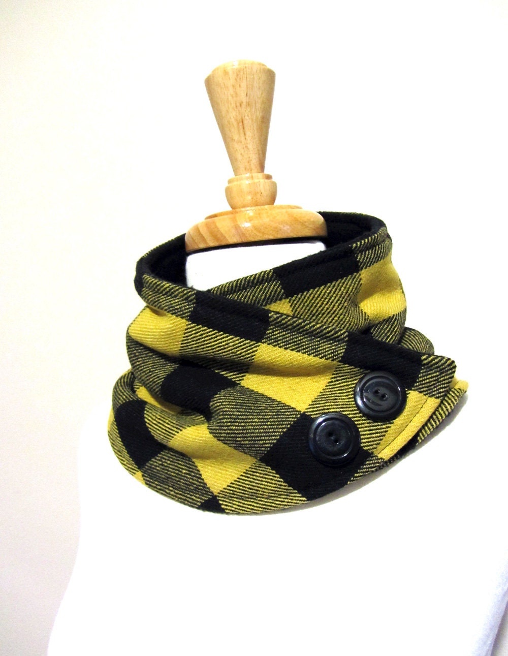 Tartan Black and Yellow Gold Neck Warmer Scarf with Black Buttons