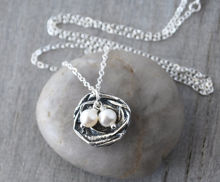 Bird Nest with Two Freshwater Pearls - Two Pearl Bird Nest - Fine Silver Bird's Nest Mother's Necklace