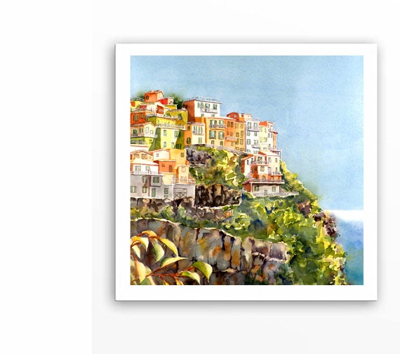 Italian Landscape Watercolor Painting, Print - Cinque Terre , Italian Illustration, Seascape Paintings, Blue Green, Men, Women - 12 x 12