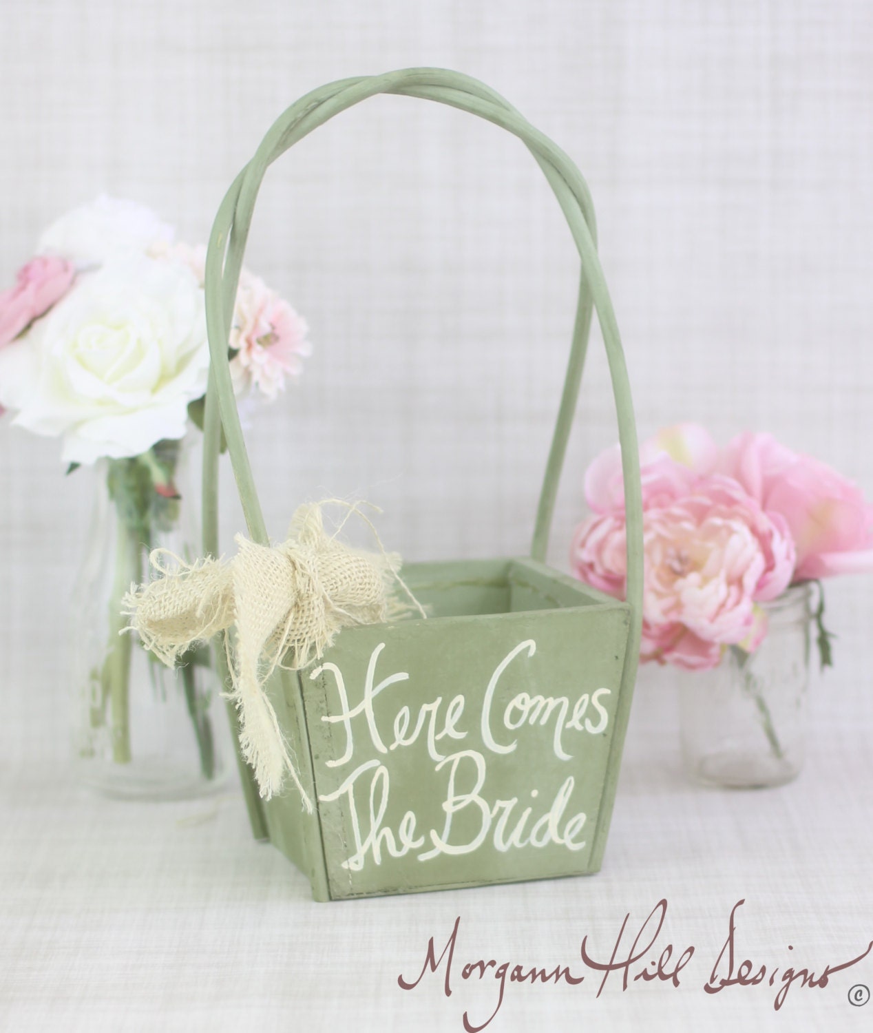 Shabby Chic Flower Girl Basket Here Comes The Bride Sign Country Wedding CUSTOM colors (Item Number 130097)