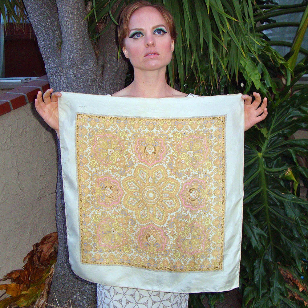Vintage 1950s Designer Silk Scarf - Cream And Gold Mandala Paisley Print  - By Echo