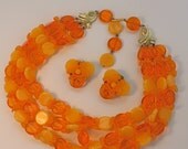 Vintage 50s Modern Necklace & Earrings Orange Plastic Bead Choker W. Germany