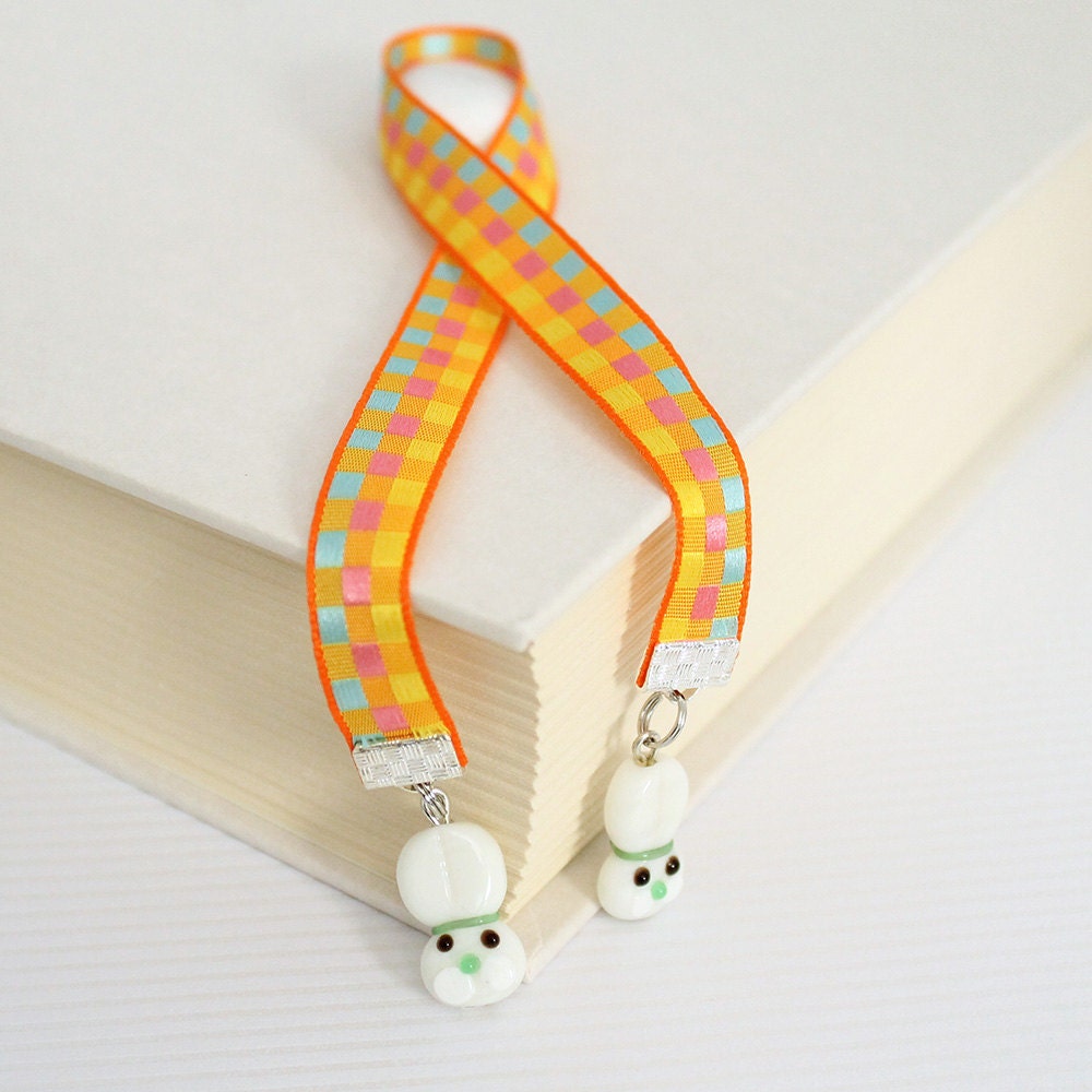 Ribbon Bookmark - White Rabbits, Bright Colors, Checkered
