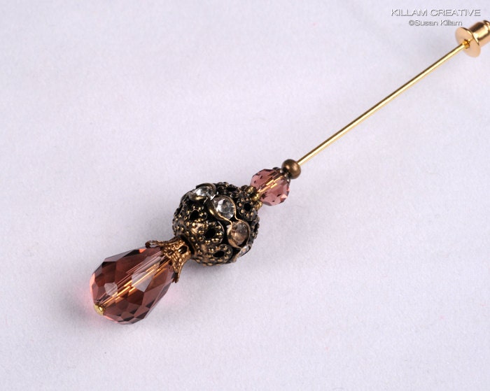 Amethyst and Gold Stick Pin, 3 Inch Hat Pin, Scarf Pin, Hijab Pin KC0357