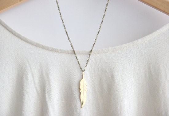 Long Layering Gold Colored Brass Feather Necklace // Tribal Aztec Necklace // Bridesmaid Gifts // Vintage Wedding