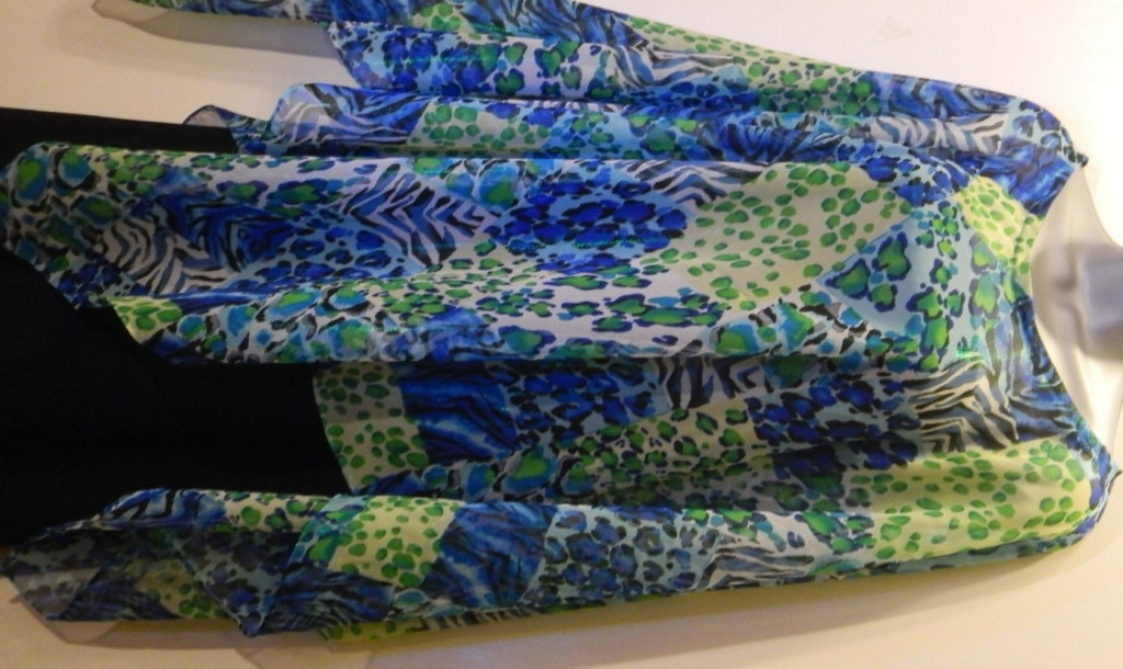 Multiple Animal Print Patchwork Chiffon Poncho or Beach Cover Up in shades of Green and Blue with an Alll-Over Green Shimmer