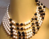 Vintage Necklace / Choker / Collar 5 strands Glass Czech Beads Crystal Black Onyx Ornate Signed Japan 60s Mid Century Retro Statement