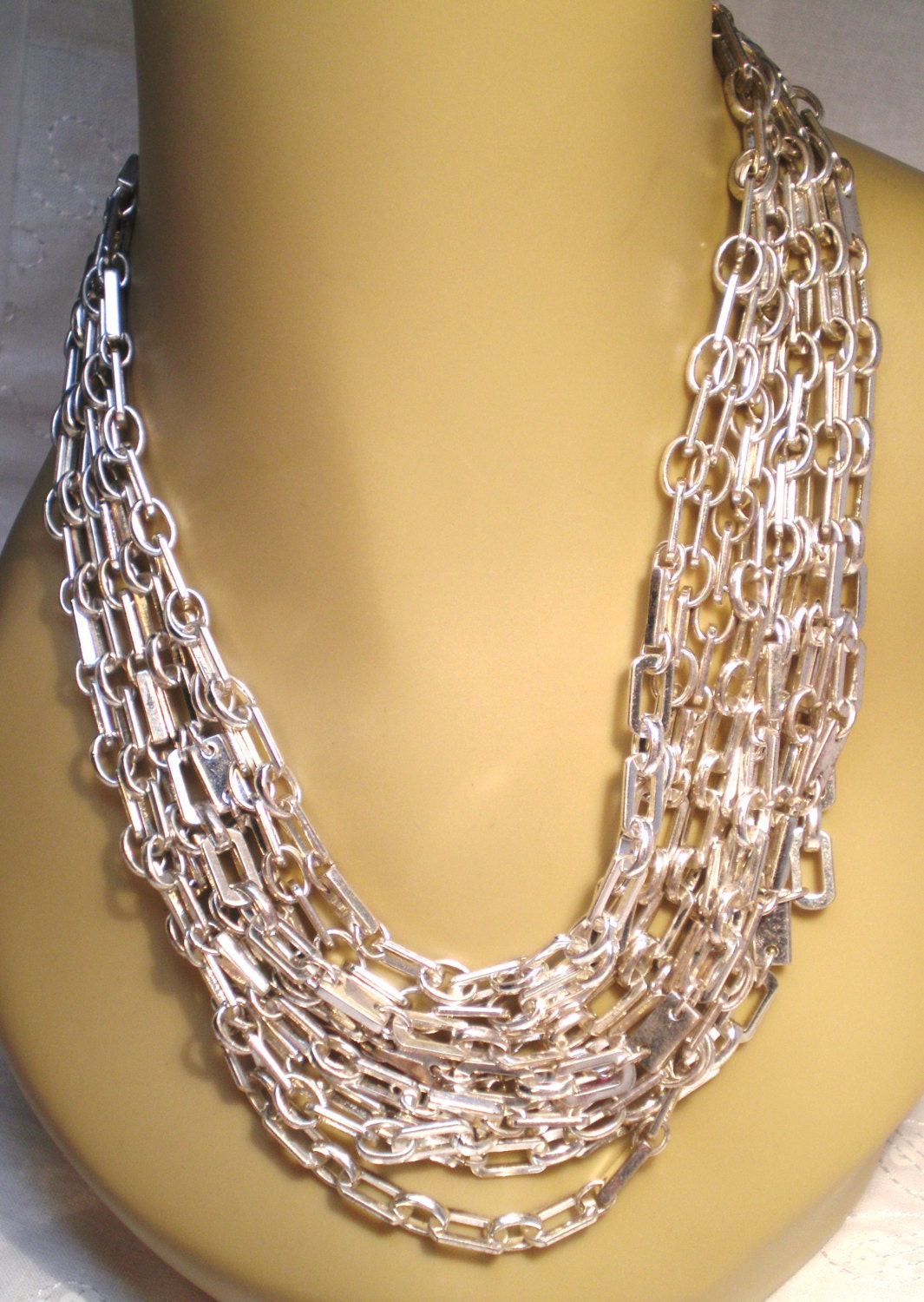 Vintage Necklace / Choker / Collar Signed Nine West Chunky Heavy 226 Grams Oblong Linked Chain Waterfall Bib 80s Retro Statement