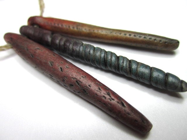3 Skinny Long Textured Tribal Spike Beads Ceramic Clay Beads No.88
