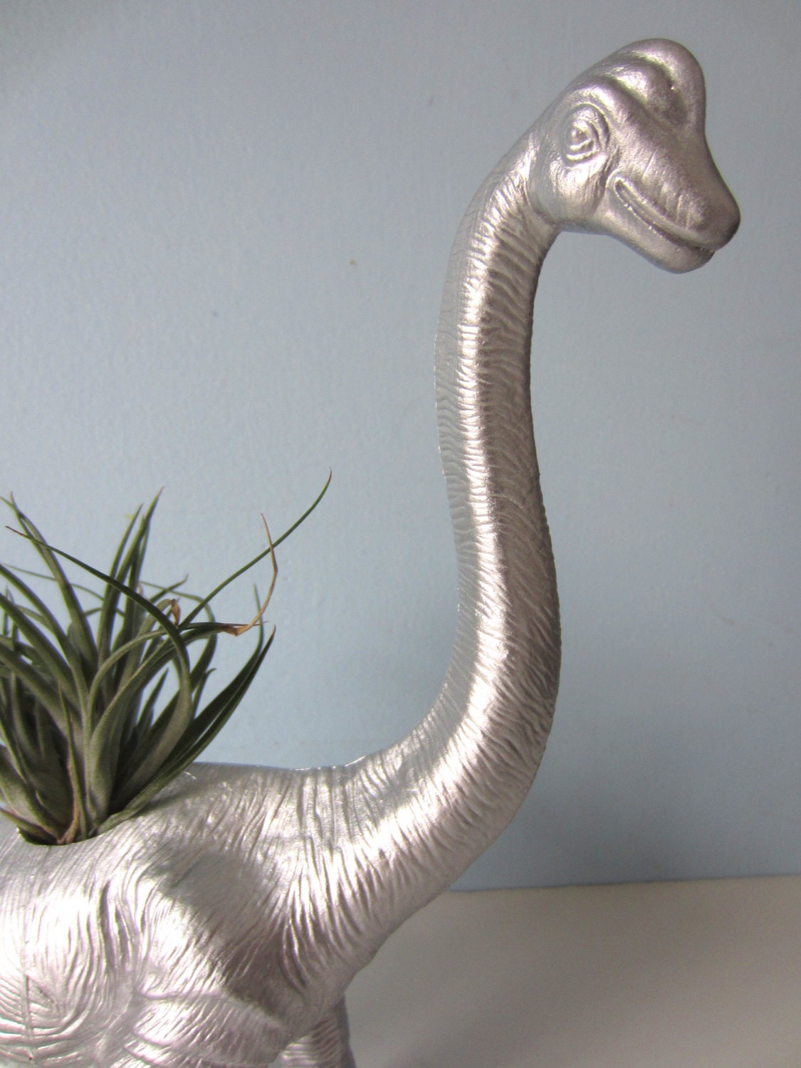 Upcycled Dinosaur Planter - Extra Large Silver Brontosaurus with Air Plant