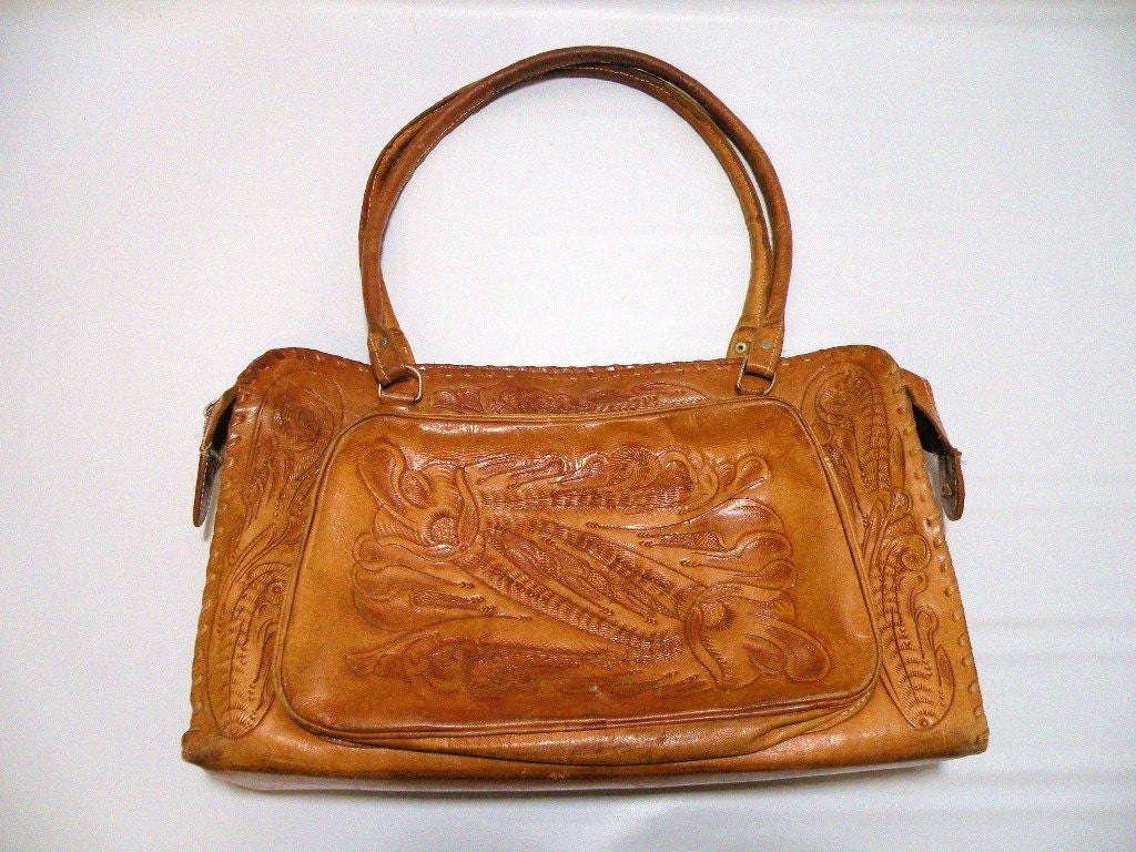 Vintage Hand Tooled Brown Leather Purse Handbag
