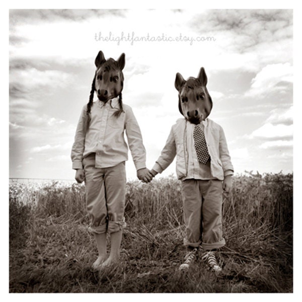 Sister and Brother 8x8 Fine Art Print--Two Children Horse Masks Siblings Couple Black and White Portrait Apartment Home Decor