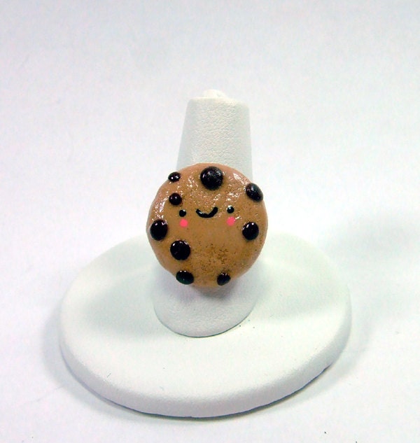 Happy Chocolate Chip Cookie Adjustable Ring - Kawaii Polymer Clay Jewelry - by The Happy Acorn