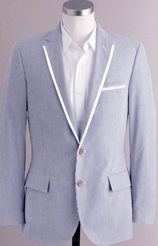 Men's seersucker blazer with trim. by NYC designer Wendel Johnston