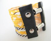 Recycled Fabric Cuff - Geometric Yellow Striped Multi Strand Wide Recycled Scarf Bracelet - size M