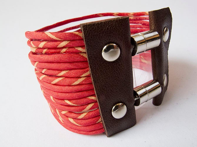 Summer Fabric Bracelet - Multi Strand Dark Coral Wide Cuff - size L- XL