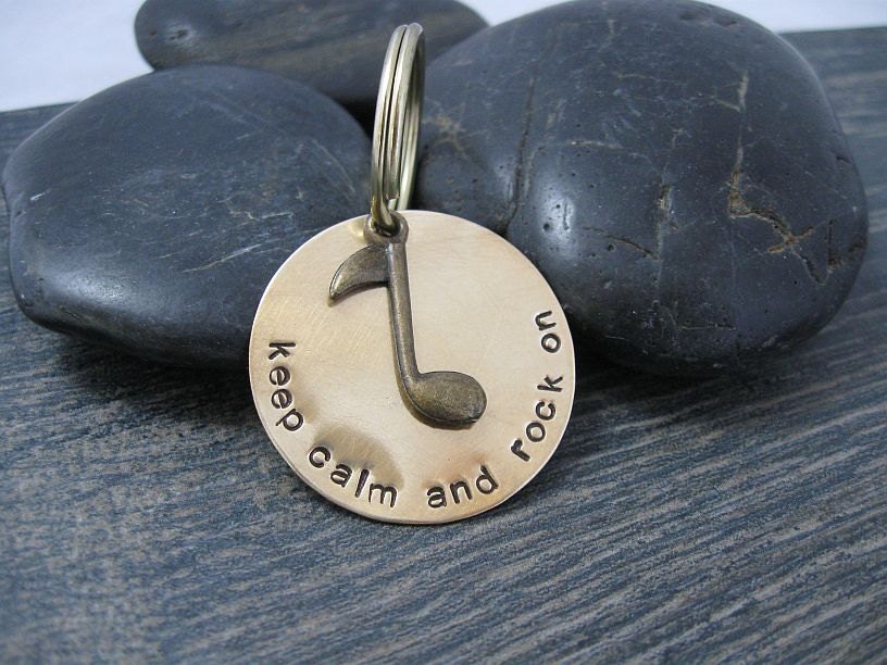 Hand Stamped Brass disc Keychain : Keep Calm and Rock On