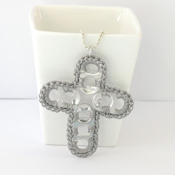 Grey crochet pop tab cross necklace - 22 inch