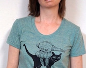 Black Cat with Atomic Ray Gun Original Design on American Apparel Tri Lemon Scoop Neck Tee for Women