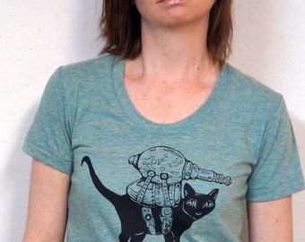 Black Cat with Atomic Ray Gun Original Design on American Apparel Tri Lemon Scoop Neck Tee for Women