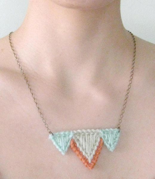 Triangle Geometric Cross stitch Necklace - Aqua Mint and Pink Wool Yarn