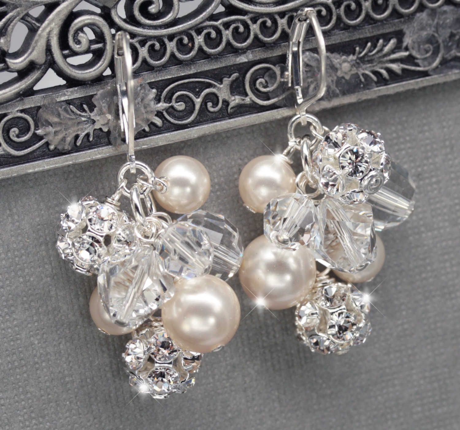 Vintage Style Bridal Cluster Earrings, Rhinestone, Pearl and Crystal Wedding Jewelry, Swarovski Bridal Earrings