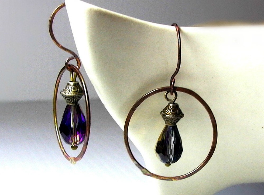 Swarovski Hoop Dangle Earrings, Iridescent Briolette Drops in Bronze Olive Purple, Urban Handmade Oxidized Brass Earrings