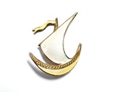 MODERNIST Ivar T. Holth NORWAY Enamel Viking Ship Pin - Gold over Sterling - Guilloche