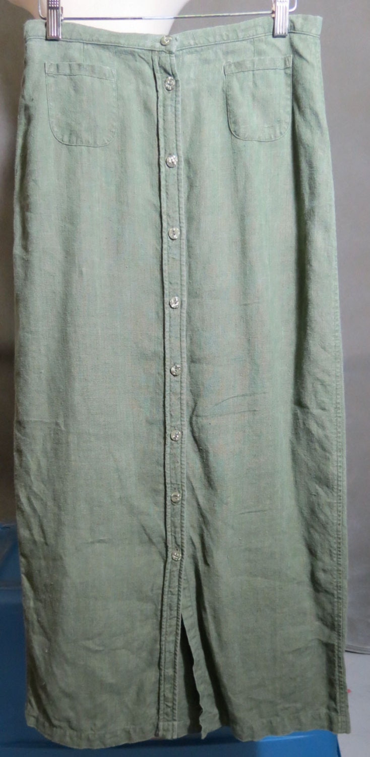 Vintage J. Jill Long Straight Skirt Size 8 Moss Green Button Up Maxi
