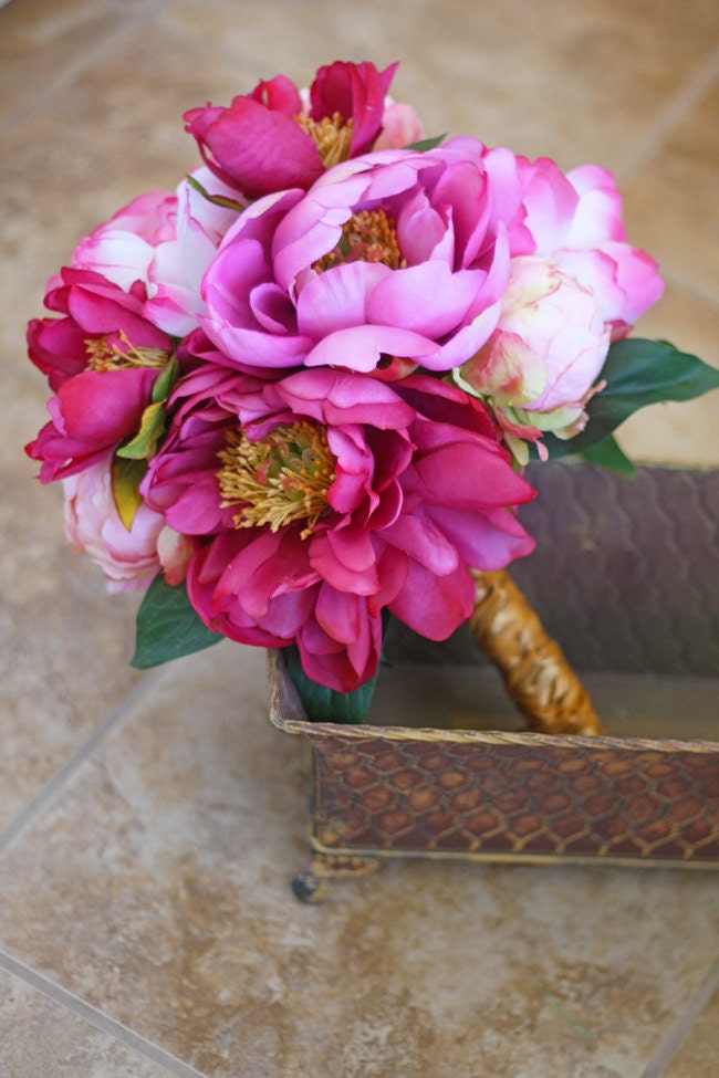 Reserved for Amanda - Pink Peonies Valentines Day Wedding Bouquet - Hot Pink and Gold Glamorous Keepsake Bridal Bouquet