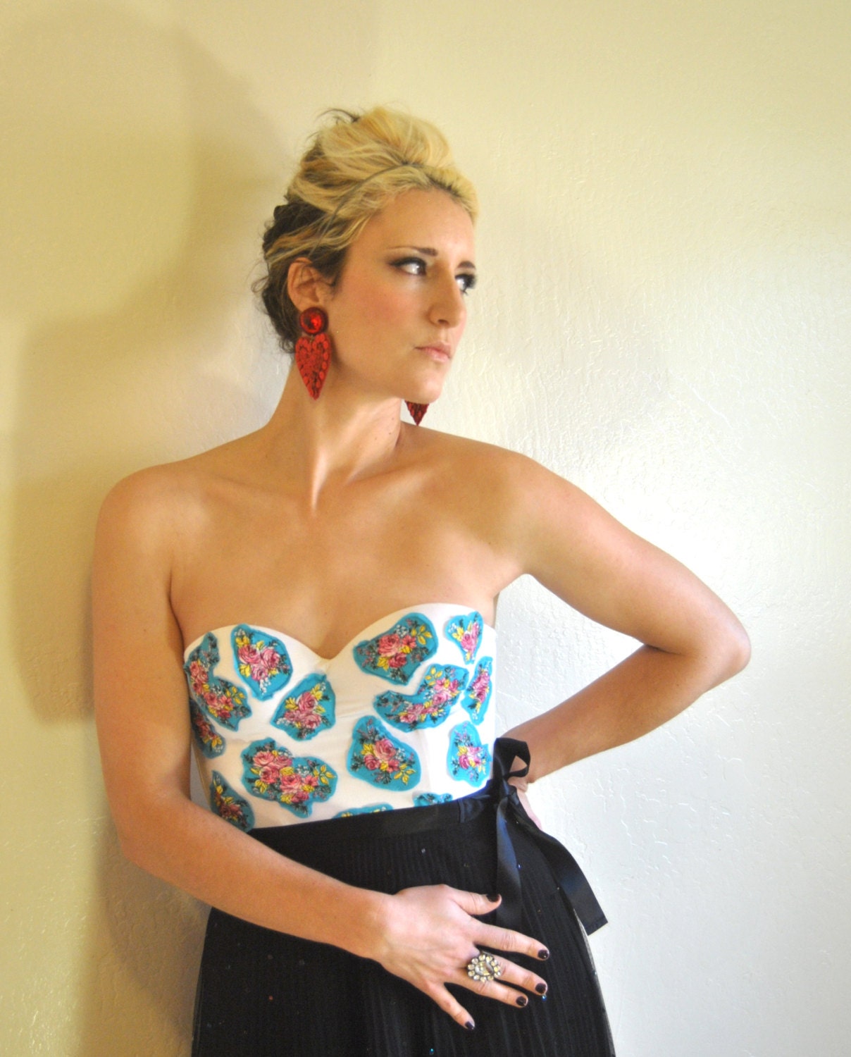 Turquoise and Pink Roses Applique Bustier in White Made to order