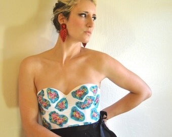 Turquoise and Pink Roses Applique Bustier in White Made to order