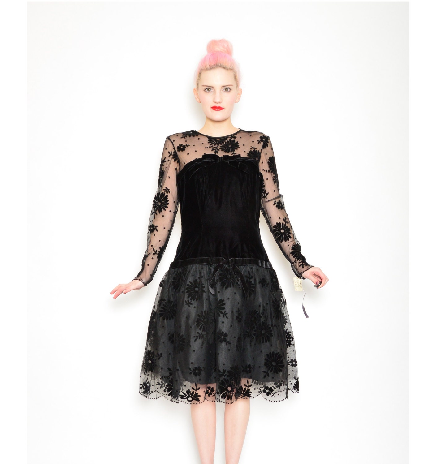 80s Black Victor Costa Dress - I MAGNIN Floral Sheer Tulle Dress with Velvet Bow - 1980s Full Skirt Party Dress - S M 6 8 WITH TAGS