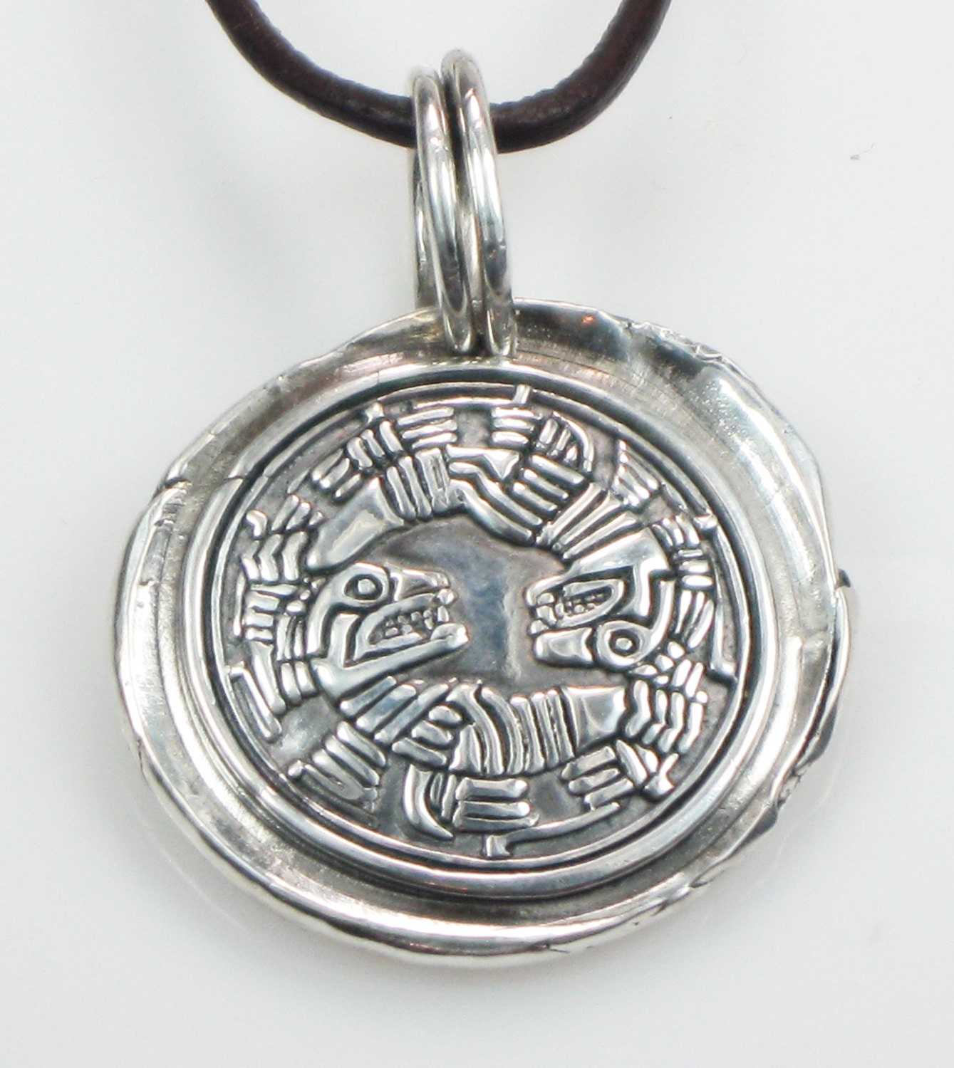 Mayan Ancient Serpent Pendant - Fine Silver with Round Leather Cord Necklace for a Man or a Woman