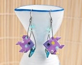Origami earrings fish in purple with amazonite and pearl eco-friendly jewelry