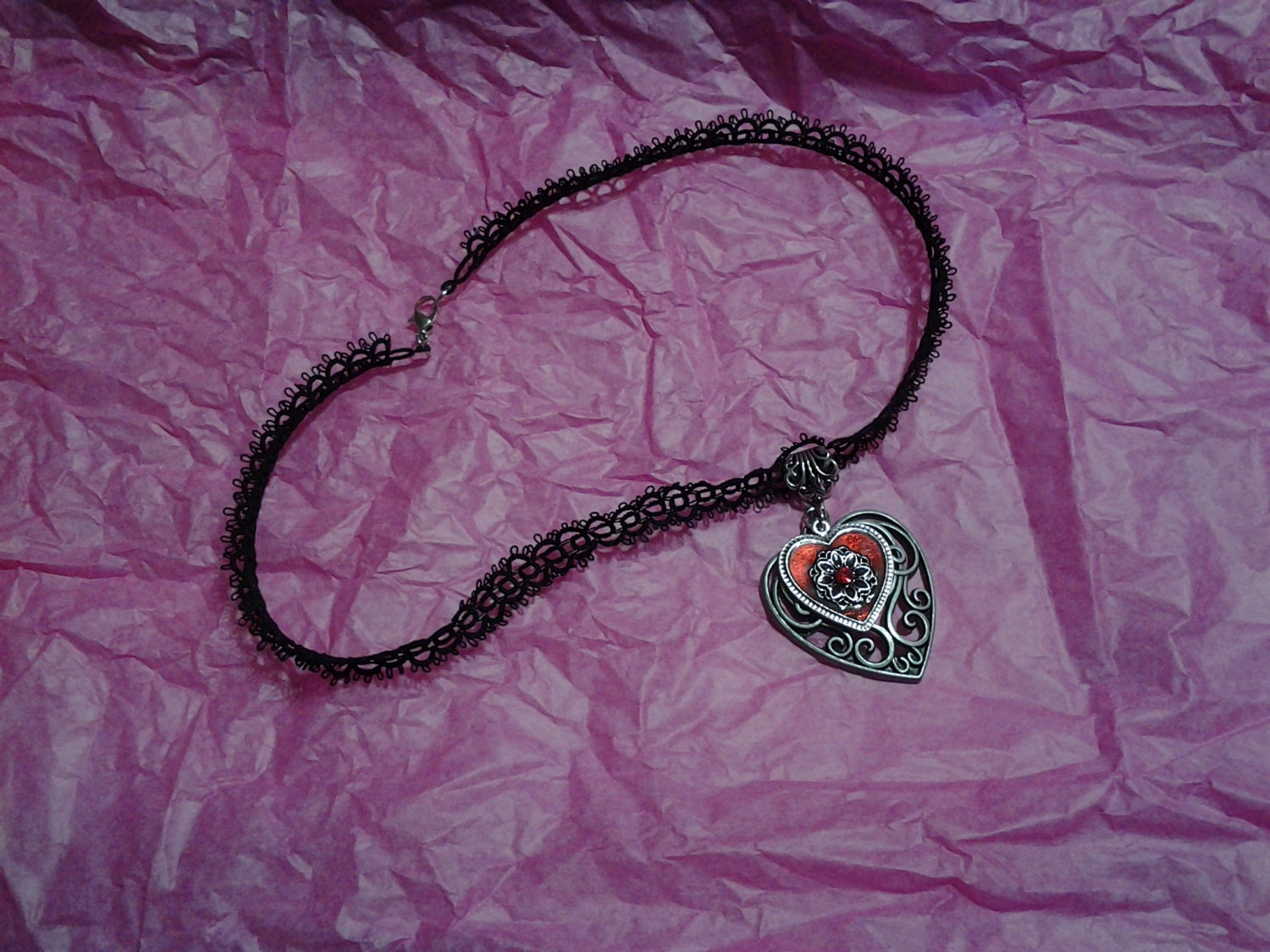 Tatted Black Lace Necklace with Heart Pendant
