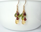 Semi Precious Drop Earrings, Garnet, Peridot, and Citrine in Gold Fill, Multi Gemstone, BlueRoomGems