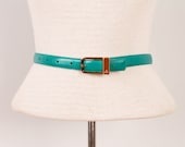 1980s Teal Skinny Belt - Womens XS / S - Liz Claiborne Turquoise Leather Waist Belt 80s Narrow Logo Buckle Waist Cinch Belt