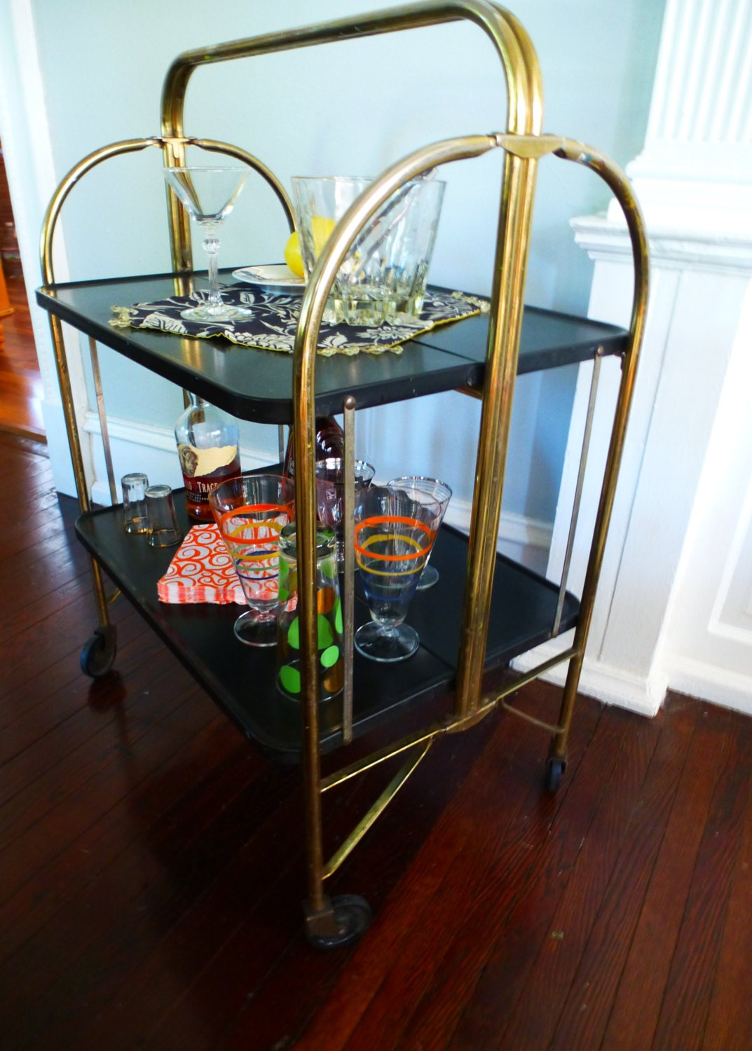 Brass and Metal Bar Cart Vintage Retro Mad Men Industrial Foldable Poppy Cottage