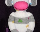 OOAK Handmade SOCK MONKEY / Grey & White stripes with Hearts / Plush Animal Print Doll