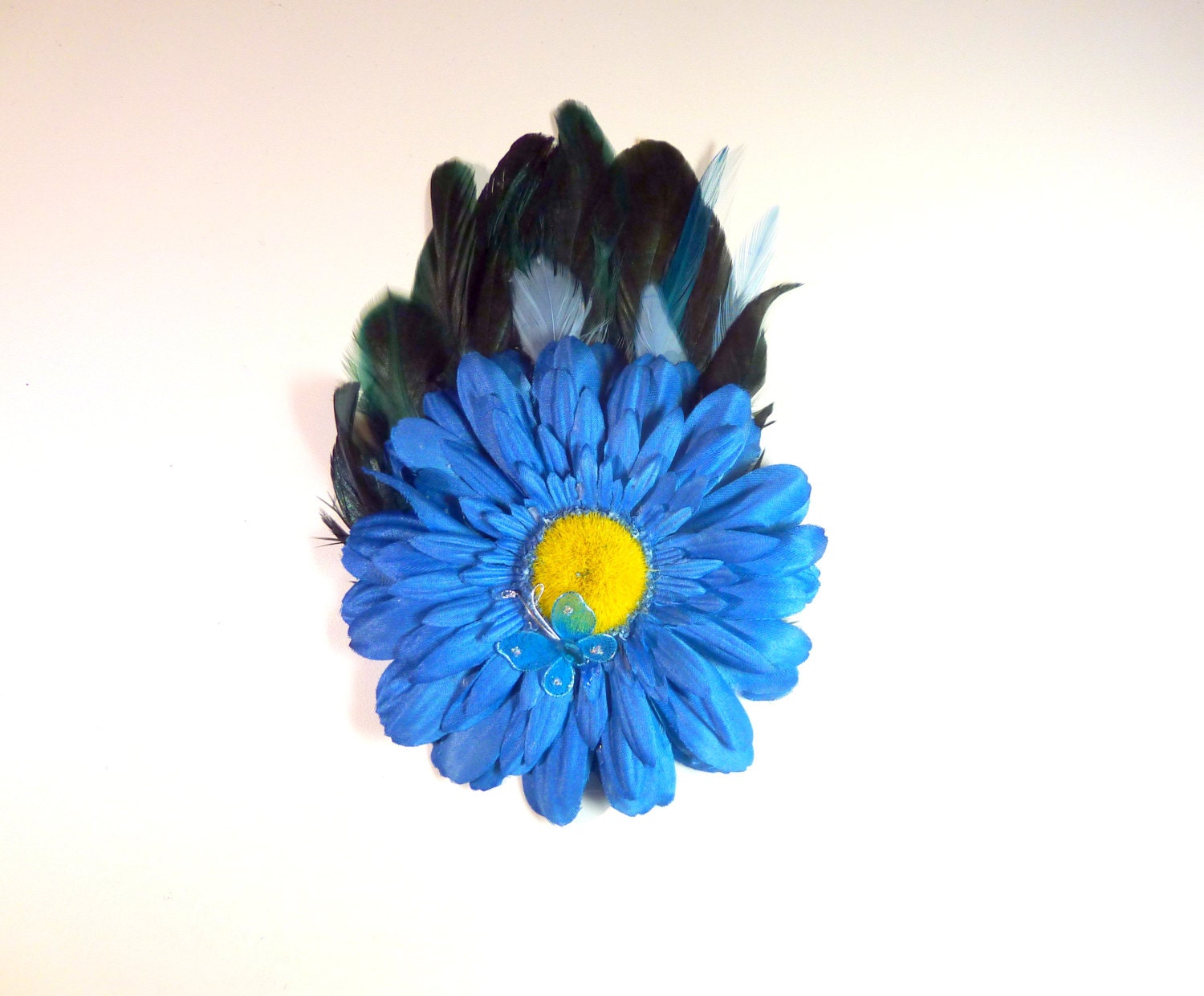 Blue Flower Hair Clip Fascinator, Blue Feathers, Spring, Summer, Butterfly by Joolienn on etsy