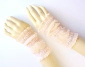 Bridal Fingerless Lace Gloves Pale Pink Floral Ruffle Wedding Gothic Victorian Tribal Belly Dance Noir Bridal