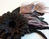 Black Flower Fascinator- Bleached Pink Mauve Peacock Ostrich Feathers Gothic Steampunk Hair Clip Belly Dance Fascinator
